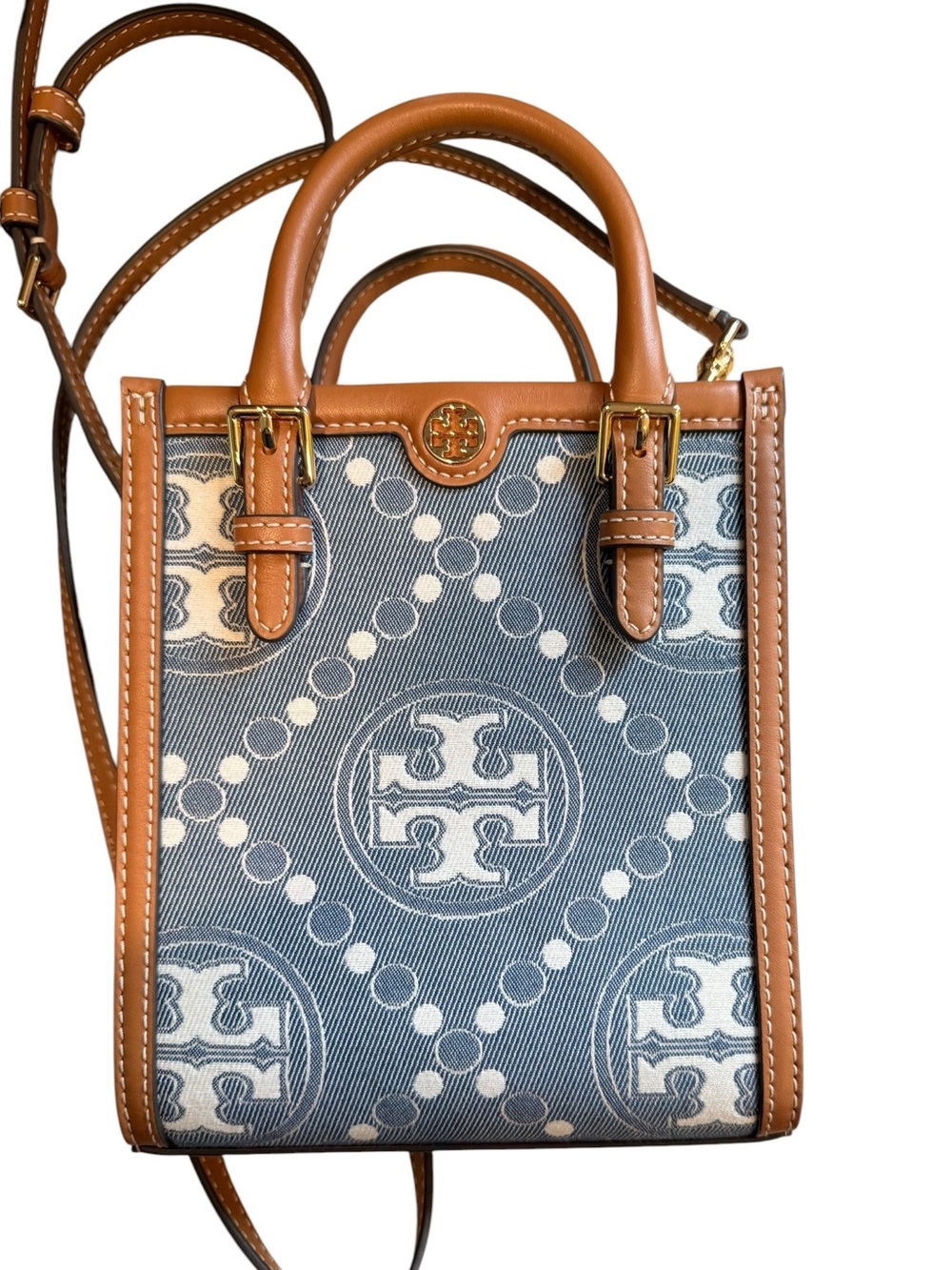 Tory Burch Mini T Monogram Denim North/South Tote Bag – Indigo/Tan - Picture 2 of 9